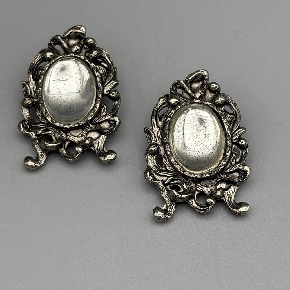 Vintage Gothic Brooch Set Mirrored Glass Scroll French Mystery